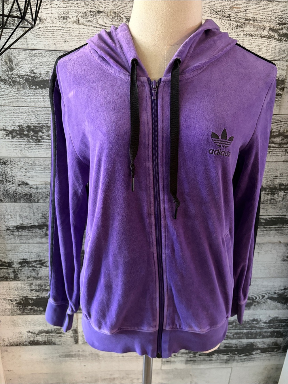 Adidas Purple Velour Full-Zip Hoodie with Black Trim